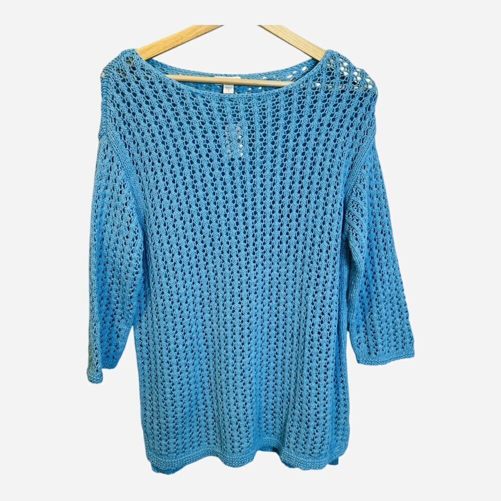 J. Jill Turquoise Open Stitch Knit Aegean Small Pullover 3/4 Sleeve Sweater NWT - Picture 2 of 10